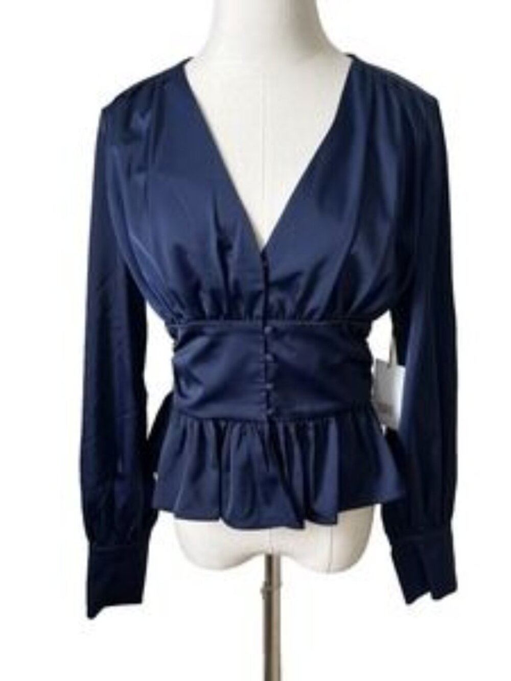 NEW NWT Jason Wu Deep Navy Blue Silk Peplum Top Buttons Classic Ruffle XS